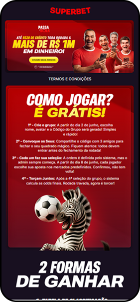 Superbet com promoção Passa Bola oferecendo até R$20 de crédito por rodada e mais de R$1 milhão em prêmios em dinheiro