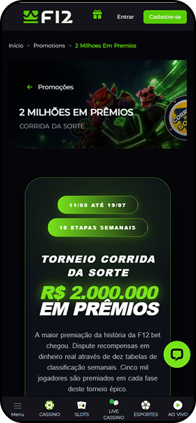 F12.bet com promoção Torneio Corrida da Sorte com R$2.000.000 em prêmios distribuídos em 10 etapas semanais para 5 mil jogadores