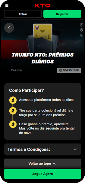 KTO com promoção Trunfo KTO de prêmios diários no cassino, com cartas colecionáveis liberadas a cada acesso à plataforma