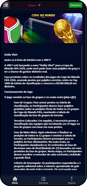 Vbet com Bolão Vbet para a Copa do Mundo FIFA 2026, com fase de grupos e mata-mata disputando R$100.000,00 em prêmios