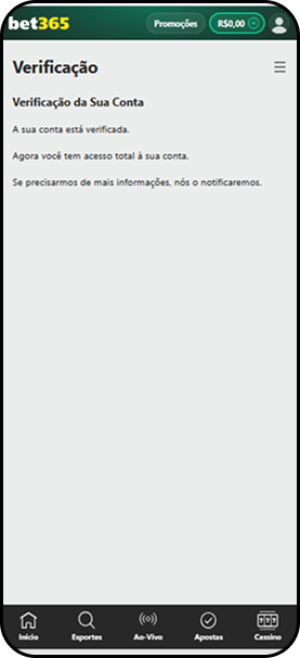 verificação da conta na bet365 confirmando que a conta está ativada corretamente