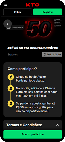 R$50 de aposta grátis na KTO caso a sua aposta não seja vencedora em entradas com odd 1.80