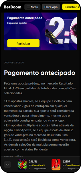 Em apostas simples, se a equipe escolhida para vencer abrir 2 gols de vantagem, a aposta é considerada vencedora na Betboom