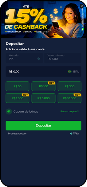 Br4bet com formulário de depósito via Pix a partir de R$5,00 e banner de cashback de até 15% em slots
