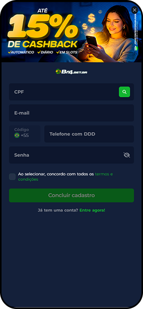 Br4bet com formulário de cadastro solicitando CPF, e-mail, telefone e senha e banner de cashback de até 15%