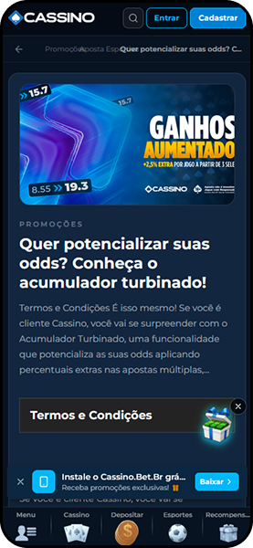 Cassino.Bet com funcionalidade Acumulador Turbinado aplicando percentuais extras em apostas múltiplas a partir de 3 seleções