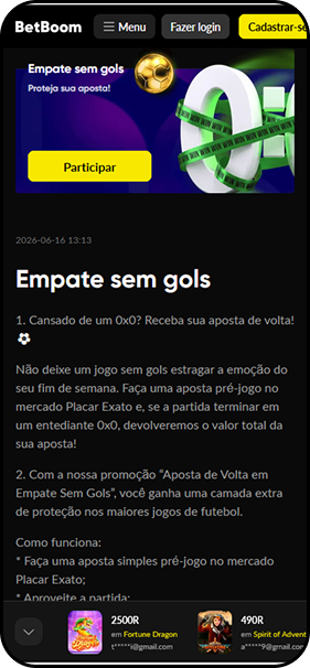 Empate sem gols na Betboom devolve a sua aposta após o apito final