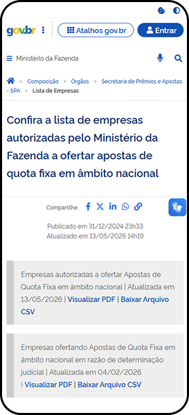 Página do Ministério da Fazenda com a lista de empresas autorizadas a ofertar apostas de quota fixa em âmbito nacional