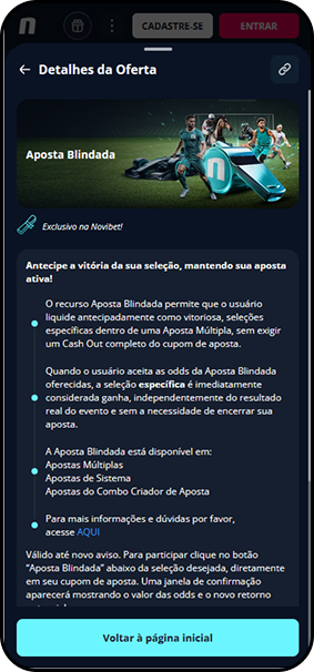 Detalhes da oferta Aposta Blindada na Novibet, promoção exclusiva que permite liquidar antecipadamente seleções vencedoras dentro de uma Aposta Múltipla