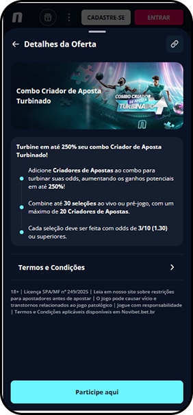 Oferta Combo Criador de Aposta Turbinado na Novibet, com informações sobre boost de até 250% ao combinar Criadores de Apostas em apostas ao vivo ou pré-jogo