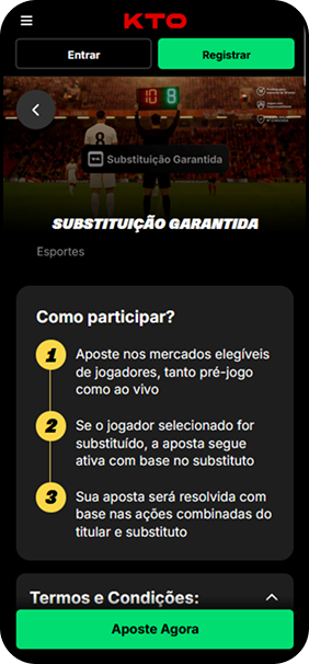 Se o jogador for substituído, a aposta segue ativa na KTO com base no substituto