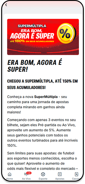 Superbet com promoção SuperMúltipla oferecendo até 150% de bônus em acumuladores a partir de 3 eventos